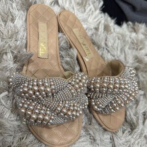 Women's Tan Pearl Embellished Sandals